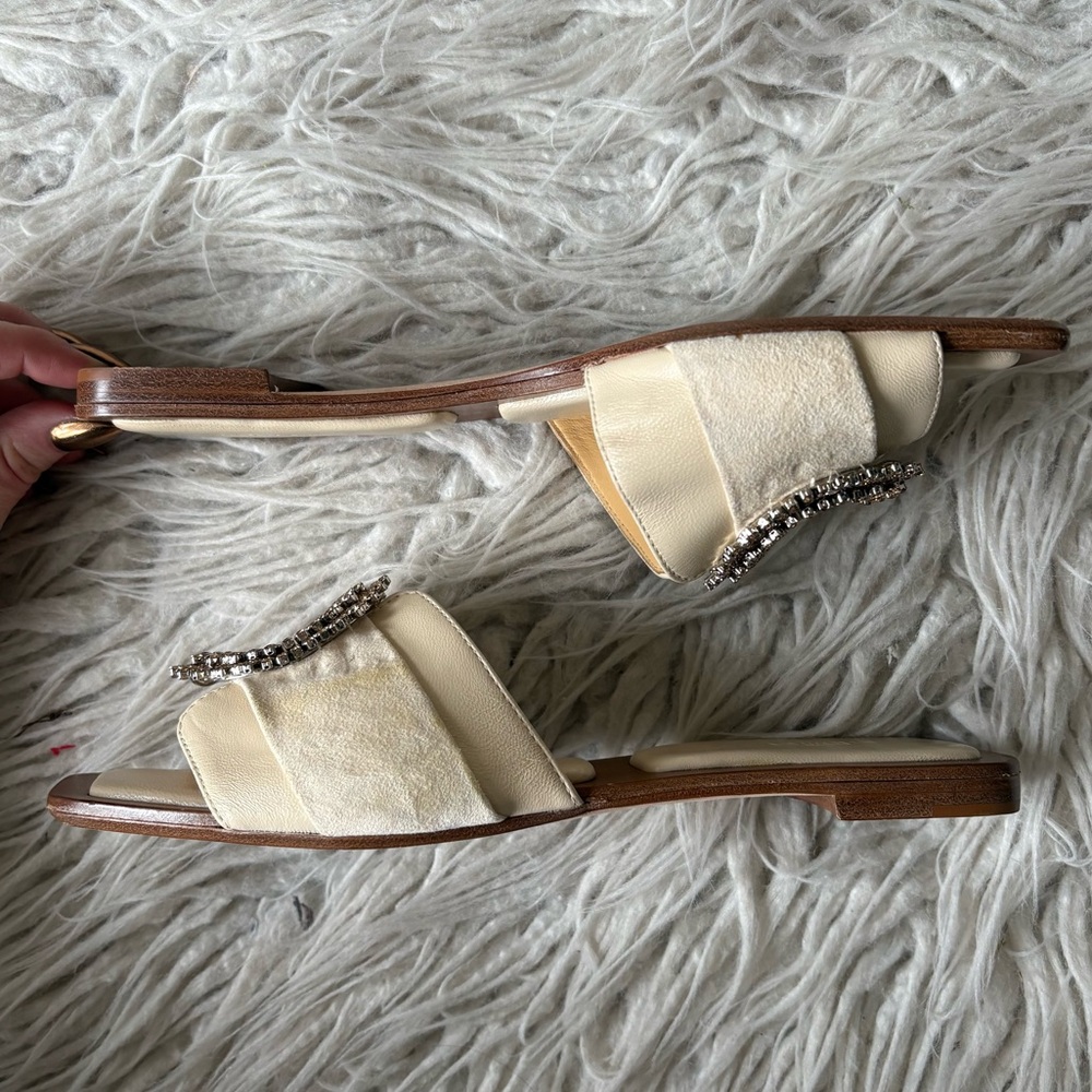 Alexandre Birman Cream Leather Crystal Round Buckle Slide Sandals - Picture 5 of 12